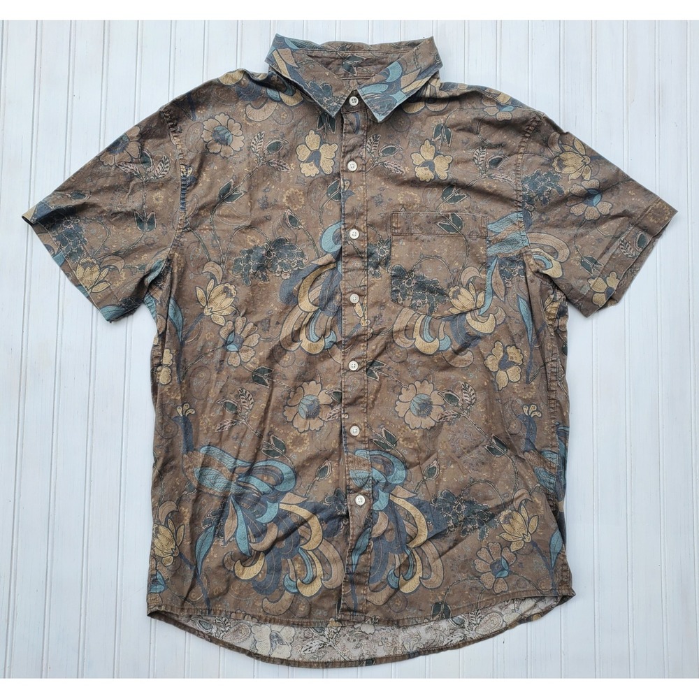 American Eagle Mens Brown Floral Peacock Print NWOT Short Sleeve Button Shirt M